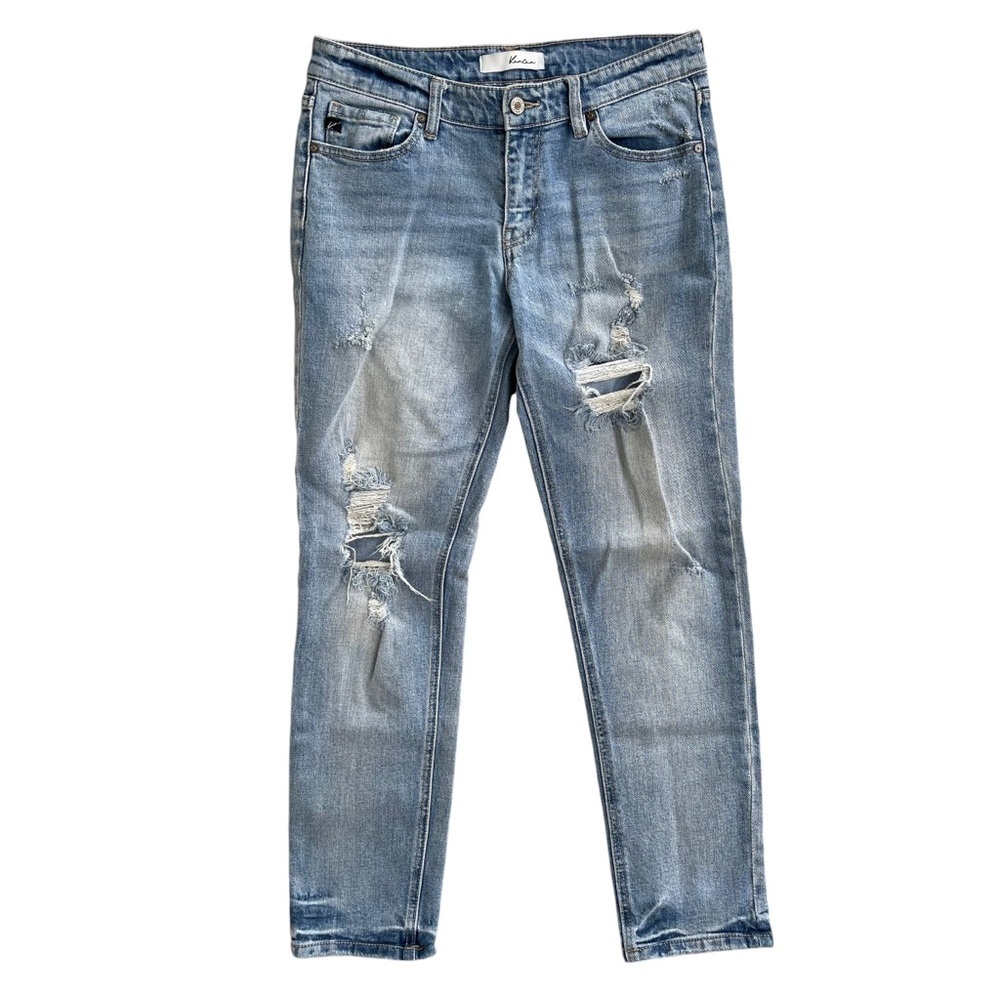 Kancan Women’s Light Wash Distressed Mid Rise Ankle Skinny Jeans